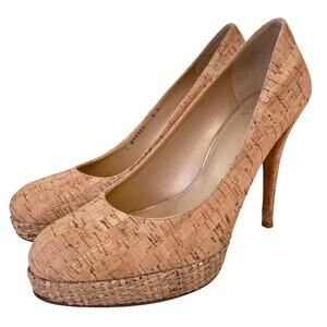 Stuart Weitzman Cork Raffia Natural Beige Round Toe Platform Heels 9